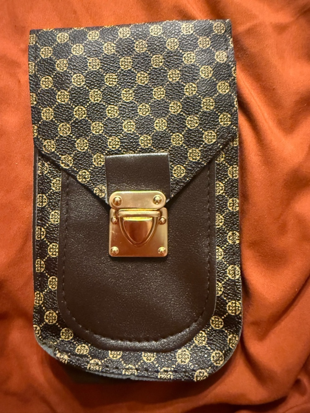 Brown Patterned Crossbody Pouch with Gold Hardware